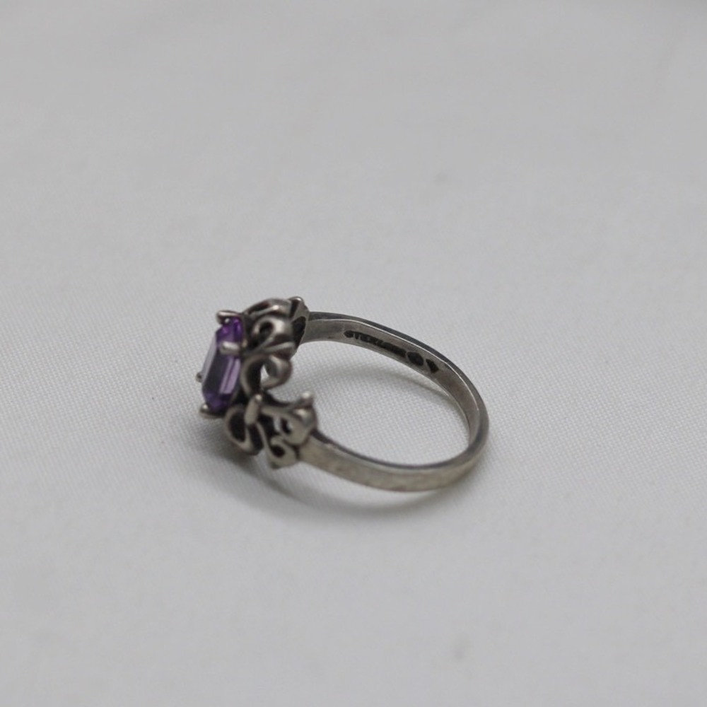 Vintage Sterling Silver Amethyst Filigree Ring Emerald Cut Gothic Scroll Sz 6.5 - Picture 8 of 9